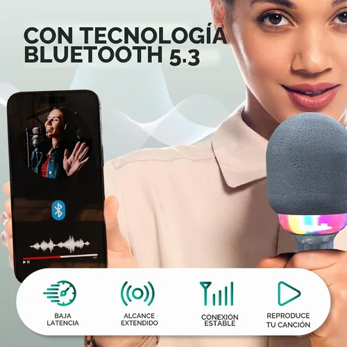 Vista 4 de Micrófono de karaoke, micrófono inalámbrico Bluetooth y altavoz con LED y Gris