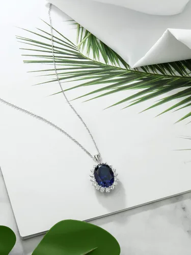 Vista 6 de Gem Stone King Juego de collar y aretes de plata de ley 925 con zafiro simulado azul