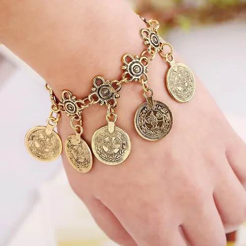 Vista 3 de Juego de 3 piezas de joyería bohemia con dije de disco vintage, estilo étnico gitano, aretes colgantes para mujer