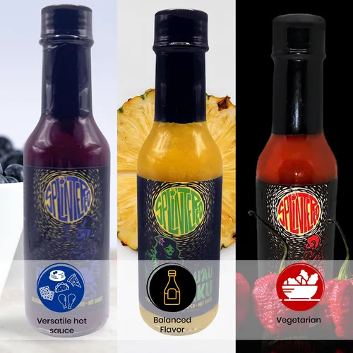 Vista 4 de The Splintered Sauce Hot Sauce Trio – Carolina Reaper Paquete variado con deliciosos maridajes de frutas, arándanos, fresas, piña, perfecto