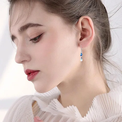 Vista 7 de Pendientes de loto de plata de ley 925 con piedra lunar de loto, aretes colgantes de gota de loto para mujer, regalos, Plata de ley