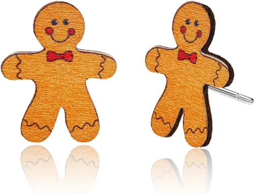 Vista 9 de Aretes de tuerca de Navidad para mujeres y niñas, hechos a mano, de madera, pan de jengibre, árbol de menta, bastón de caramelo, aretes
