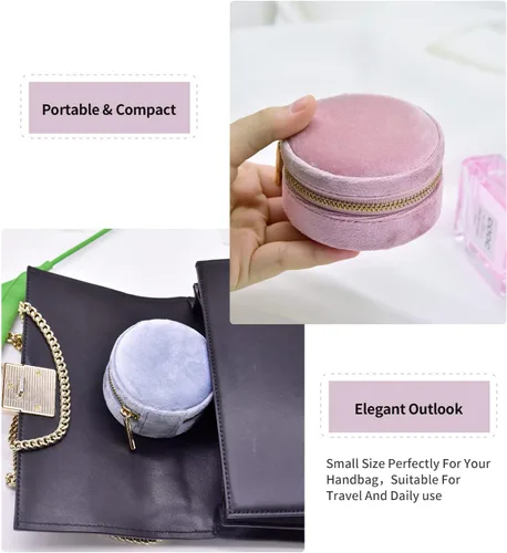 Vista 5 de TAIMY Estuche de viaje pequeño para joyería, mini joyero de viaje redondo para mujeres y niñas, mini cajas organizadoras de viaje para anillos