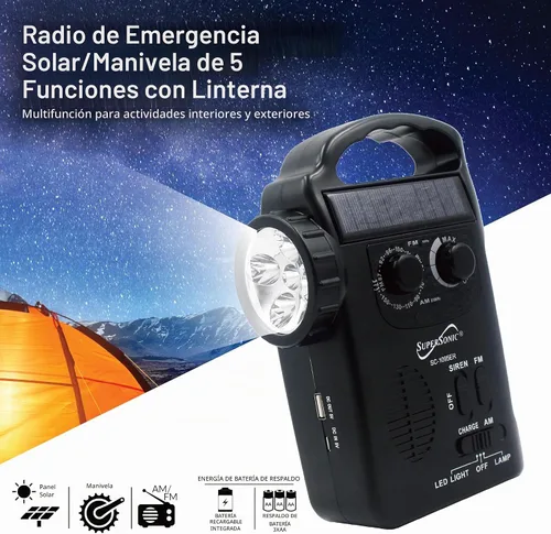 Vista 5 de Supersonic SC-1095ER Radio de emergencia solar/manivela con linterna, 3 fuentes de alimentación, linterna de emergencia, altavoz, radio AM/FM, panel