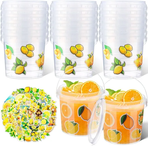 Vista 15 de PerKoop 20 cubos de helado de 32 onzas con tapas y asas, cubos transparentes de ron de cóctel con calcomanías, tina transparente de plástico