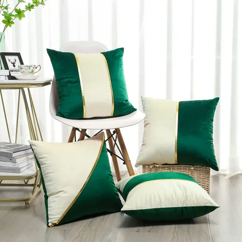 Vista 4 de OTOSTAR Juego de 4 fundas de almohada de terciopelo suave de 18 x 18 pulgadas, fundas de almohada decorativas modernas de cuero dorado a rayas