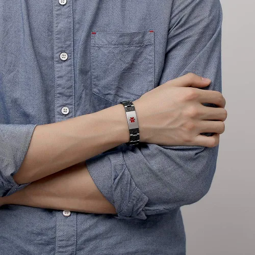Vista 3 de LinnaLove Las pulseras de alerta médica para hombres Meridian acero inoxidable pulseras de identificación médica con grabado gratuito