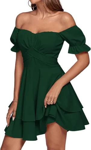 Vista 4 de LYANER Minivestido de manga corta con volantes y hombros descubiertos para mujer