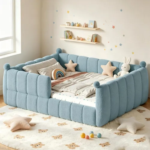 Vista 10 de Bellemave Cama Montessori tapizada de vellón de peluche de tamaño matrimonial con valla, marco de cama infantil de perfil bajo con barandillas