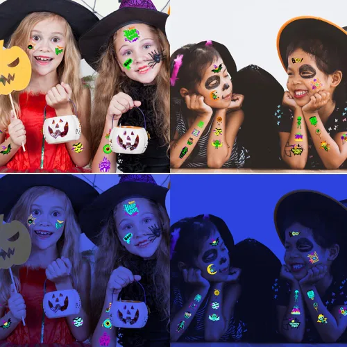 Vista 4 de 10 hojas de tatuajes temporales de neón de Halloween que brillan bajo los rayos UV, más de 95 estilos, impermeables, para fiestas de niños, niños