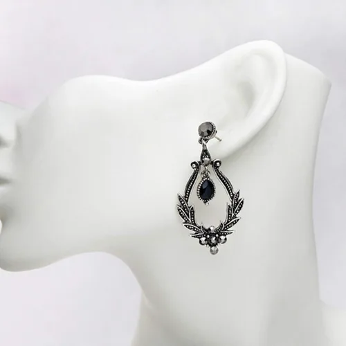 Vista 7 de Pendientes de aro con forma de gota y colgante, diseño vintage de flores huecas con diamantes de imitación, regalo para mujeres, adolescentes