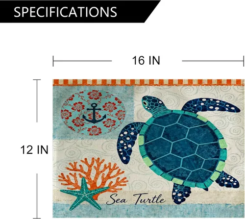 Vista 2 de Juego de 4 manteles individuales con temática de tortuga marina y playa, impermeables, resistentes al calor, lavables, antideslizantes, para Azul