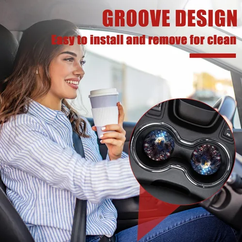 Vista 6 de Portavasos para automóvil, diseño de águila y bandera estadounidense, posavasos de cerámica absorbente para portavasos de automóvil, accesorios