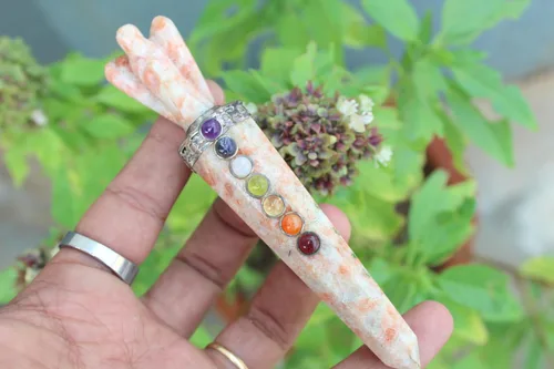 Vista 4 de Jet Natural Sunstone Angel Chakra Varita Varita Sanadora Meditación Ágata Reiki Aura Limpiador Ágata Energizada 4.5-5 pulgadas de largo