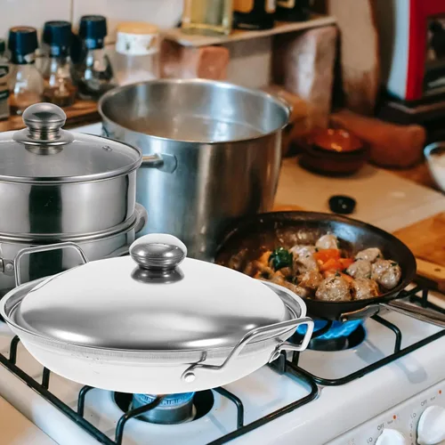 Vista 5 de Hemoton Olla caliente de acero inoxidable con tapa de doble asa, olla multiusos para cocina casera, calentamiento rápido de 10.62 pulgadas