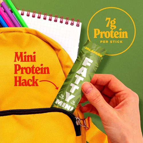 Vista 7 de FATTY Mini palitos de carne cecina, Jalapeño Minis, 1 oz. Tamaño de 0.27 oz de proteína por palo; hecho con carne de res alimentada con pasto, cerdo