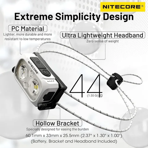 Vista 3 de Nitecore NU21 linterna frontal ultra ligera de 360 lúmenes para exteriores con haz dual USB-C recargable con etiqueta (blanco)