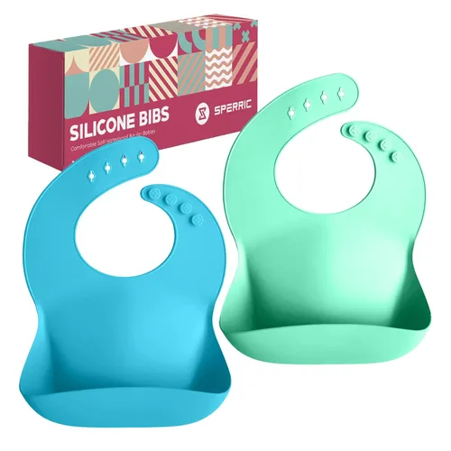 Vista 2 de Sperric Baberos de silicona para bebé, babero de silicona suave con atrapasador de alimentos y material impermeable, ajuste ajustable para bebés