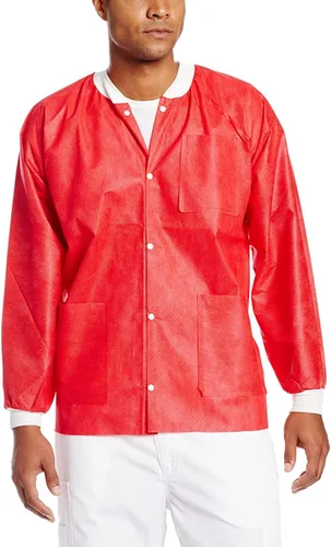 Vista 21 de Paquete de 10 chaquetas desechables de laboratorio, chaqueta médica reutilizable hasta la cadera, unisex, con puños de punto y bolsillos