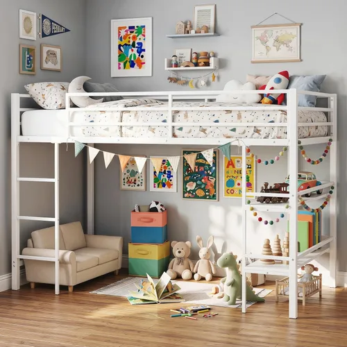 Vista 12 de Giantex Cama baja tipo loft tamaño individual, marco de metal resistente con estantes de almacenamiento, escalera y barandillas de longitud