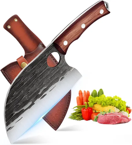 Vista 10 de Cuchillo de chef japonés serbio ROCOCO - Cuchillo vikingo forjado a mano para carnicero Full Tang con funda para barbacoa, cumpleaños, Navidad