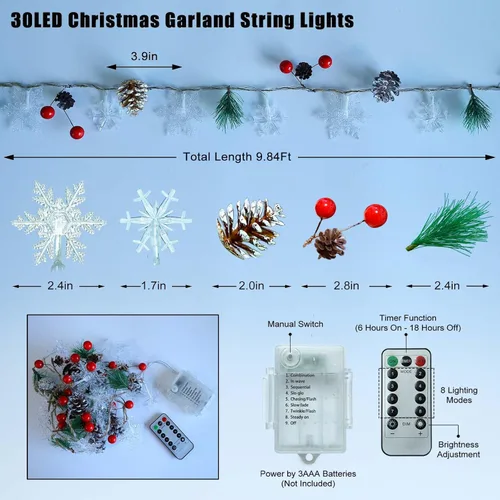 Vista 8 de Guirnalda de Navidad de 30 LED de 10 pies con Luces de Copos de Nieve, Piñas, Bayas Rojas, Luces de Hadas Operadas por Batería con 8 Modos