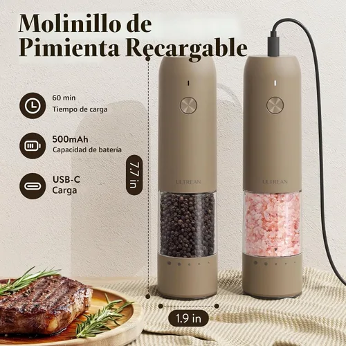 Vista 4 de Ultrean - Molinillo eléctrico de sal y pimienta, recargable, color marrón