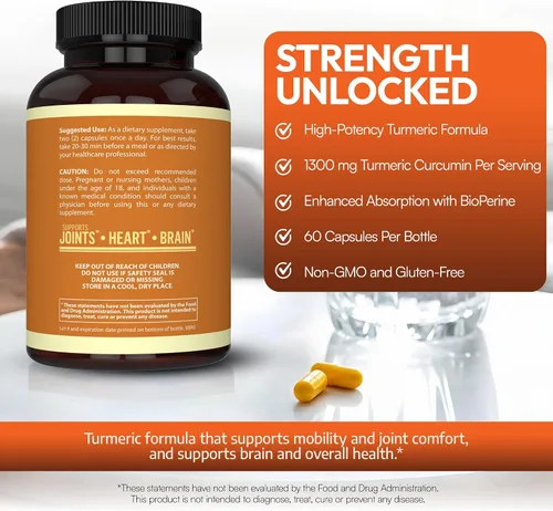 Vista 4 de Cúrcuma Curcumina con Bioperine 1300 mg con Black Pepper – Cápsulas de apoyo conjunto Suplementos nutricionales – 100% Herbal Tumeric Root