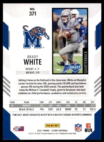 Vista 2 de 2021 Score Football #371 Brady White RC Rookie Memphis Tigers Official NFL Trading Card produced by Panini America