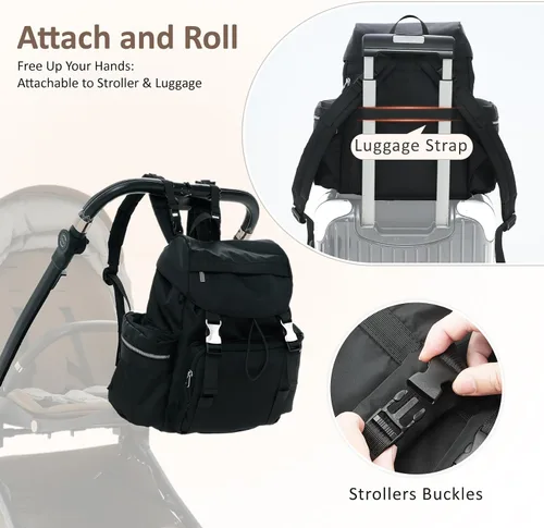 Vista 8 de Mochila para pañales con cambiador, funda para chupete y correas para cochecito, bolsillos aislados, resistentes al agua, artículos esenciales