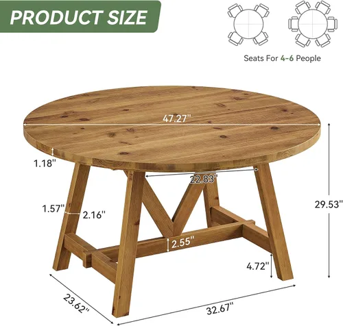 Vista 2 de Mesa de comedor de madera maciza de 47 pulgadas para 4-6, mesa de cocina redonda de granja con patas de madera resistentes, mesas de comedor