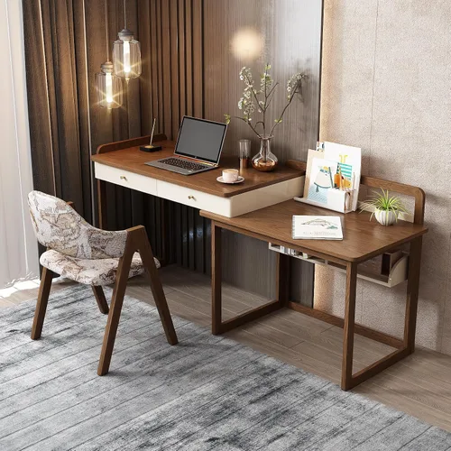 Vista 7 de Lartis Escritorio extensible de madera maciza de 70 pulgadas, mesa de estudio de almacenamiento con unidad lateral, banco de trabajo multifuncional
