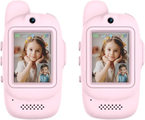 Vista 5 de Walkie Talkies de video para niños, paquete de 2 walkie talkies recargables para niños, largo alcance, ideal para juegos familiares, exteriores
