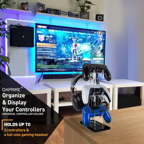 Vista 42 de OAPRIRE Headset and Controller Stand with Lights, 2 Tier Acrylic Game Controller Holder, Controller and Headset Stand for Desktop,Universal Design