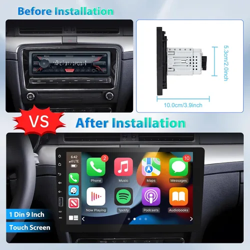 Vista 2 de Radio estéreo de coche de 9 pulgadas con Apple Carplay inalámbrico y Android Auto, 1 DIN Bluetooth receptor de audio para coche pantalla táctil
