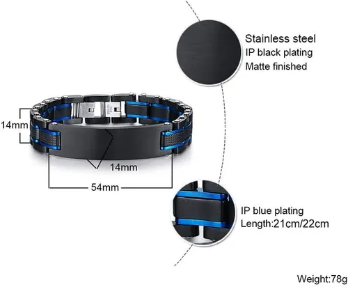 Vista 2 de MEALGUET Pulsera de identificación de alerta médica de acero inoxidable masculino de 2 tonos para hombre, grabado gratuito, negro, azul, para hombre
