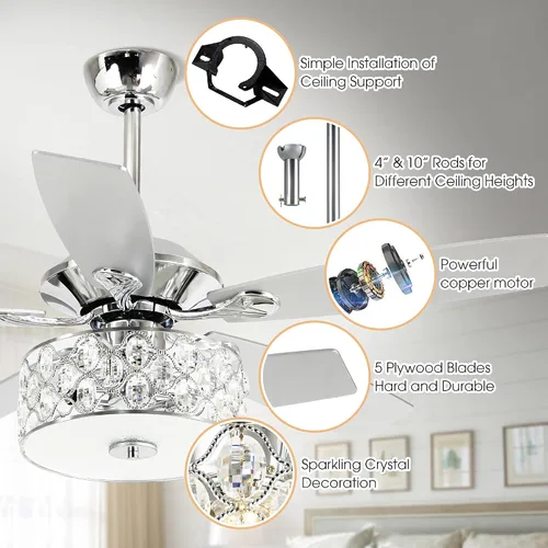 Vista 5 de Ventilador de techo de 52 pulgadas con luz, ventilador de araña de cristal con control remoto Ceiling Fans with Lights for Bedroom Living Room