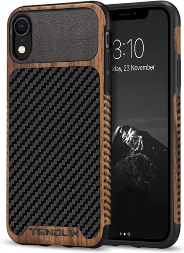Vista 9 de TENDLIN Funda compatible con iPhone SE 2022/SE 2020/8/7, diseño de textura de fibra de carbono de grano de madera, diseño de textura de cuero, funda