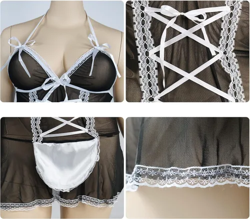 Vista 7 de Allmloers Disfraz de sirvienta para mujer disfraz de sirvienta sexy vestido de sirvienta falda conjunto de lencería para adultos juego de roles