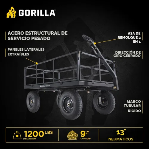 Vista 2 de Carro utilitario Gorilla Carts resistente de acero con lados desmontables y neumáticos de 13 pulgadas con capacidad de 1200 lb, Negro