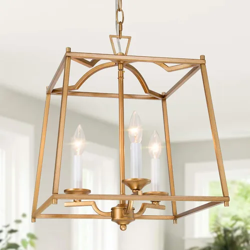 Vista 12 de KSANA Candelabro de farol dorado, iluminación colgante dorada para isla de cocina con acabado dorado antiguo, lámpara colgante de vestíbulo