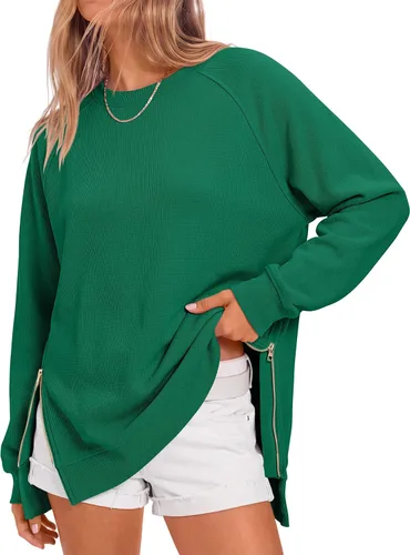 Vista 16 de ANRABESS - Sudadera de gran tamaño para mujer, cuello redondo, manga larga, tipo túnica, con cremallera lateral, sudadera con capucha, suéter