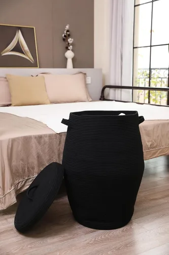 Vista 3 de Cesta alta de cuerda de algodón hecha a mano de 26"x20" con tapa, elegante forma de frasco con cubierta, cesto para ropa con tapa, para dormitorio