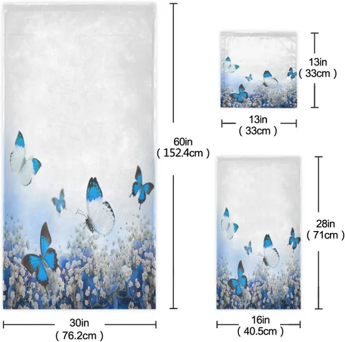 Vista 3 de MOYYO Juego de toallas de baño de 3 piezas, suaves y altamente absorbentes, toallas de baño de hortensias azules, toallas de mariposa con estampado