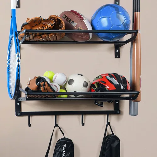 Vista 5 de XCSOURCE Organizador de equipos deportivos, estante de almacenamiento de bolas de 3 niveles con soportes para bates y raquetas, estante