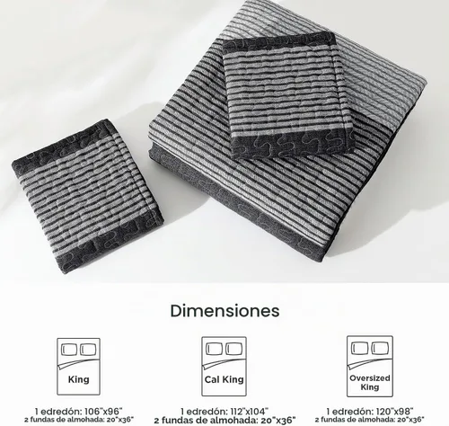 Vista 6 de Litanika Edredón tamaño Queen, juego de ropa de cama de 3 piezas a rayas 01 - Blanco y negro