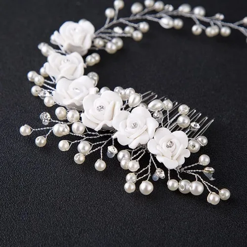 Vista 3 de HOUKAI JIAMEI - Diadema de cristal para boda, accesorios para el cabello, diadema de flores de perlas, hecha a mano, cuentas decorativas