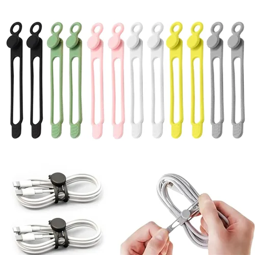 Vista 10 de Bridas para cables de datos, organizador de cables de silicona reutilizable, cable elástico multiusos para agrupar auriculares, cargador de 6 piezas