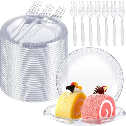 Vista 7 de Hushee 600 platos de postre de plástico negro de 6 pulgadas con tenedores de 7 pulgadas para aperitivo de pastel, 300 platos pequeños desechables