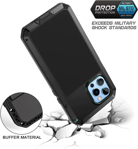 Vista 3 de Lanhiem Funda metálica para iPhone 13 Pro, resistente a los golpes, con protector de pantalla de vidrio integrado, funda protectora de cuerpo Negro